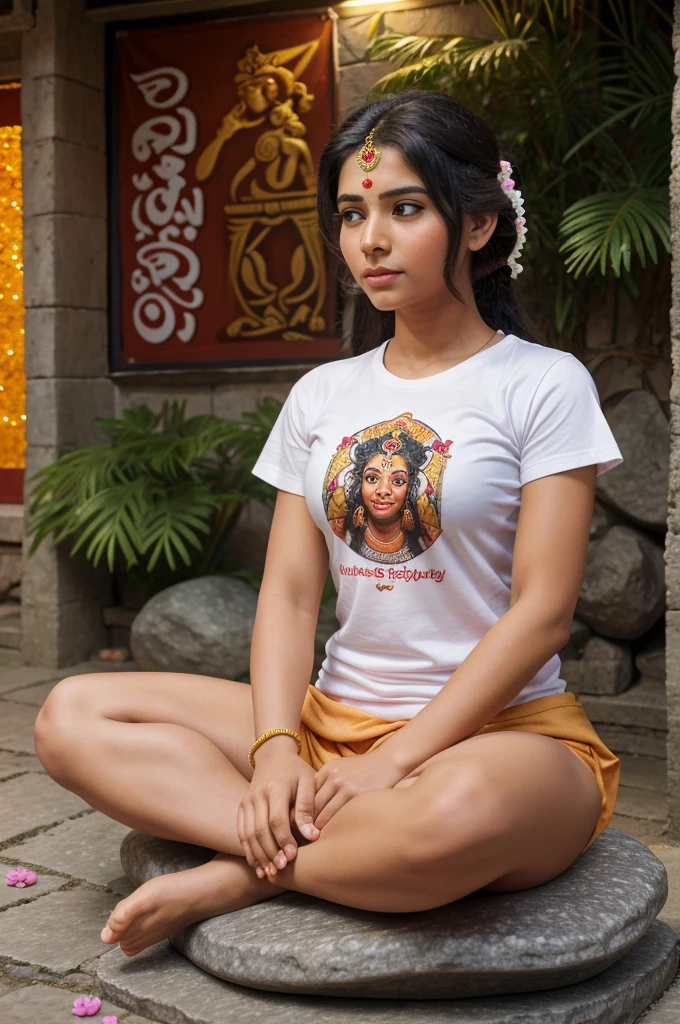 Create a Realistic Picture of LORD HANUMAN is depicted in meditation. Sitting on a Stone. A Realistic 20 year old girl with yallow Tshirt sprinkles flowers to HANUMAN and performs pooja. "Rohan" is written in the Girl Tshirt. The Background features "Happy Hanuman Jayanti" in back wall Light. Background City. HD.