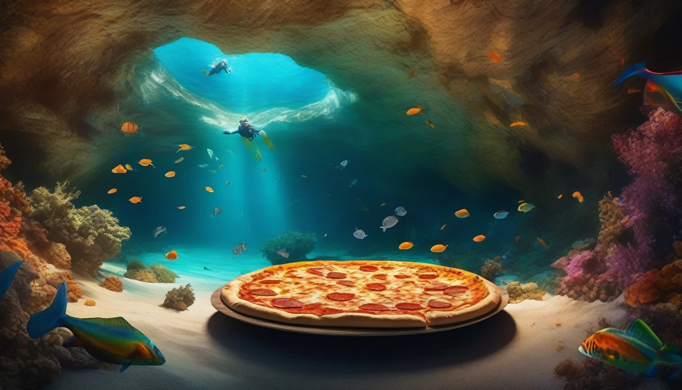 A colorful and eclectic photograph in a photorealistic and cinematic style. Divers in an underwater cave, enjoying a pizza in a moment of rest. With a playful and magical atmosphere, the work presents a layered, three-dimensional quality, as if different elements had been glued to the canvas in a natural and realistic way. The composition evokes a feeling of introspection and complexity of thought. The mixed media feel of the piece contributes to the tactile and immersive experience, inviting the viewer to explore the depths of the pedestrian's thoughts and emotions. Add more, photo, fashion, vibrant, 3D rendering, cinematic, landscape.
