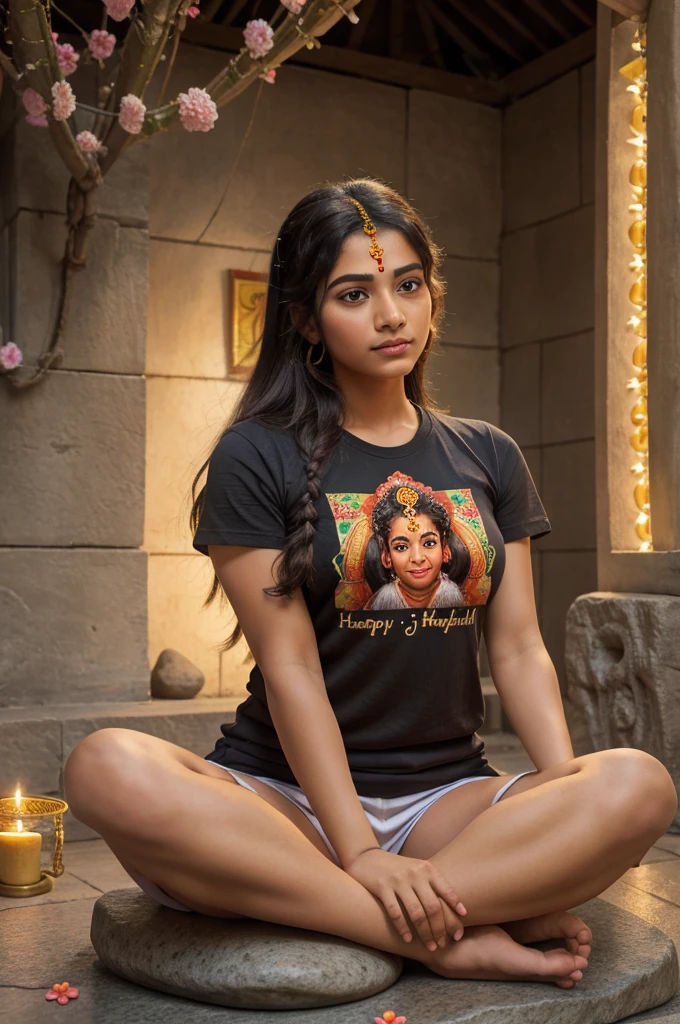 Create a Realistic Picture of LORD HANUMAN is depicted in meditation. Sitting on a Stone. A Realistic 20 year old girl with yallow Tshirt sprinkles flowers to HANUMAN and performs pooja. "Rohan" is written in the Girl Tshirt. The Background features "Happy Hanuman Jayanti" in back wall Light. Background City. HD.