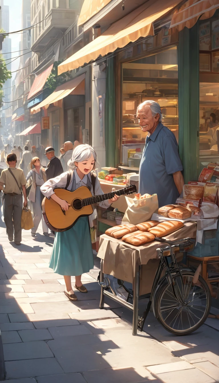 Sarah stood on a bustling city street, surrounded by the sounds of honking cars and chattering pedestrians. The sun was high in the sky, casting a warm glow over the scene. Tall buildings lined the street, their windows reflecting the bright afternoon light. Nearby, a busker played a cheerful tune on his guitar, adding to the lively atmosphere. People hurried past, engrossed in their own lives, while a group of children laughed and played on the sidewalk.
Sarah, carrying her heavy market bags, noticed a , Timmy, struggling with his bicycle chain. His brow was furrowed in concentration, his small hands greasy from the effort. The street was filled with a mix of aromas from nearby food stalls, where vendors sold everything from hot dogs to freshly baked bread. The vibrant colors of the stalls and the diverse crowd added to the dynamic energy of the street.
Despite the bustling environment, Sarah’s attention was drawn to Timmy’s plight. She set her bags down beside a bench, which was occupied by an elderly man reading a newspaper, oblivious to the commotion around him. Sarah’s compassionate nature shone through as she approached Timmy with a warm smile, ready to offer her assistance. The scene was a beautiful blend of everyday city life, human connection, and the small acts of kindness that make a community thrive.