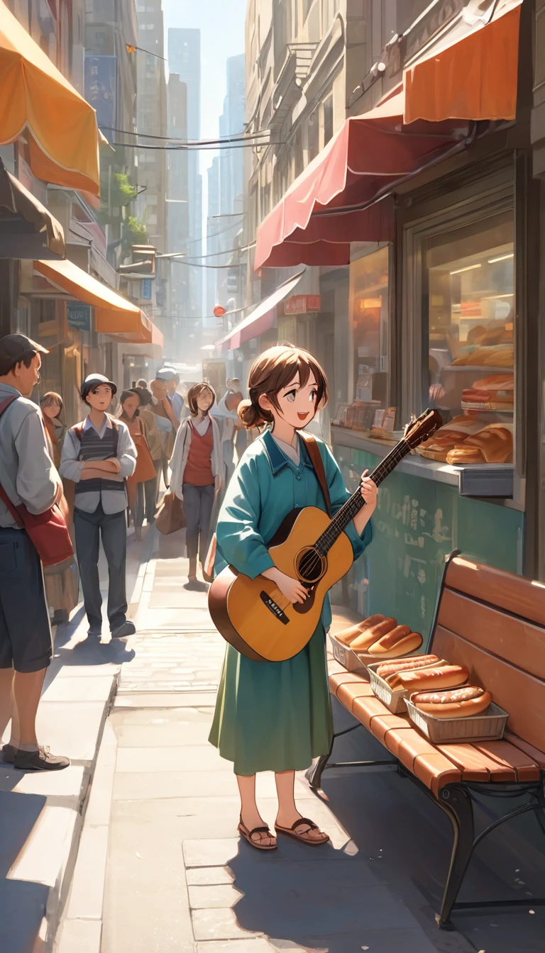 
Sarah stood on a bustling city street, surrounded by the sounds of honking cars and chattering pedestrians. The sun was high in the sky, casting a warm glow over the scene. Tall buildings lined the street, their windows reflecting the bright afternoon light. Nearby, a busker played a cheerful tune on his guitar, adding to the lively atmosphere. People hurried past, engrossed in their own lives, while a group of children laughed and played on the sidewalk.

Sarah, carrying her heavy market bags, noticed a little boy, Timmy, struggling with his bicycle chain. His brow was furrowed in concentration, his small hands greasy from the effort. The street was filled with a mix of aromas from nearby food stalls, where vendors sold everything from hot dogs to freshly baked bread. The vibrant colors of the stalls and the diverse crowd added to the dynamic energy of the street.

Despite the bustling environment, Sarah’s attention was drawn to Timmy’s plight. She set her bags down beside a bench, which was occupied by an elderly man reading a newspaper, oblivious to the commotion around him. Sarah’s compassionate nature shone through as she approached Timmy with a warm smile, ready to offer her assistance. The scene was a beautiful blend of everyday city life, human connection, and the small acts of kindness that make a community thrive.