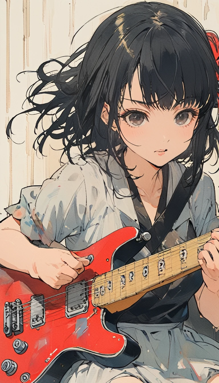 The Style of Kawanabe Kyosai、Black Hair、Hime cut、22 years old、woman、Playing electric guitar