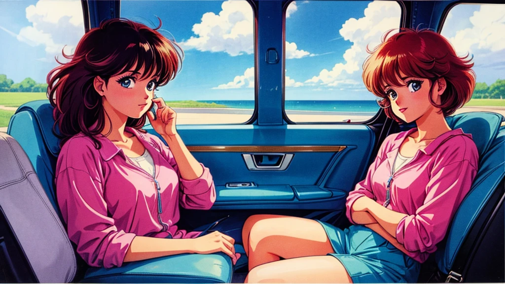 One pretty woman、sitting in the passenger seat of a car、80Retro anime style of the 1980s、Vivid colors、Image of a woman from inside a car、Looking out the window、