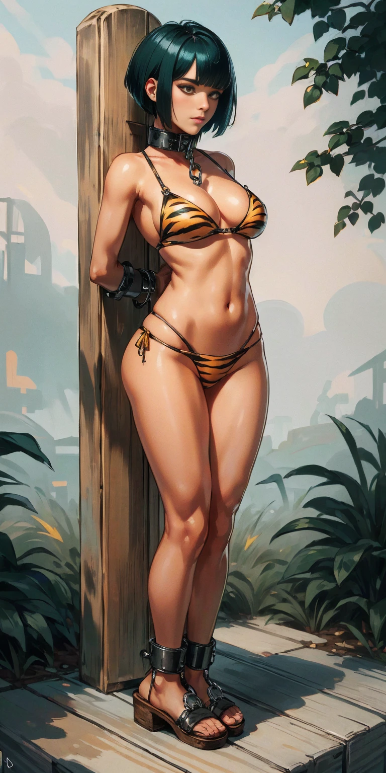 (Masterpiece, best quality, intricate details, 1sologirl) iron collar, arms behind back, iron cuffs, shackles, bound ((standing by wooden pole:1.2)) looking from above happy closed mouth, green short bob haircut, yellow tiger bikini