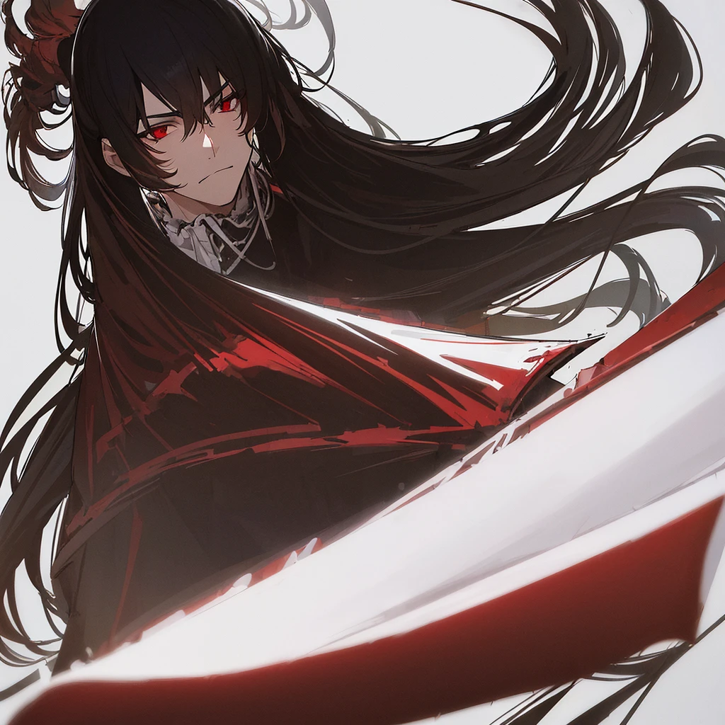 ((highest quality)), 4k resolution, masterpiece, (solo), (((male))), long, black hair, tall, handsome, attractive, looking at camera, red eyes, vampire, scowl, frown, Victorian clothing, ancient, cape, simple pose, 2D anime style, close up camera shot, (((plain white background)))