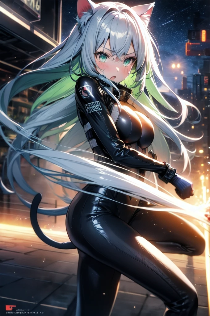 A silver-haired beautiful girl with cat ears eyes are green hair is silver and long clothes: a form-fitting black combat suit The fist is an afterimage The background is a city at night her is in a cat-like fighting pose The year is  monitor, Dark Night, Sweat, Steam of Exhalation, Space, Battle, Dynamic Angle　one girl