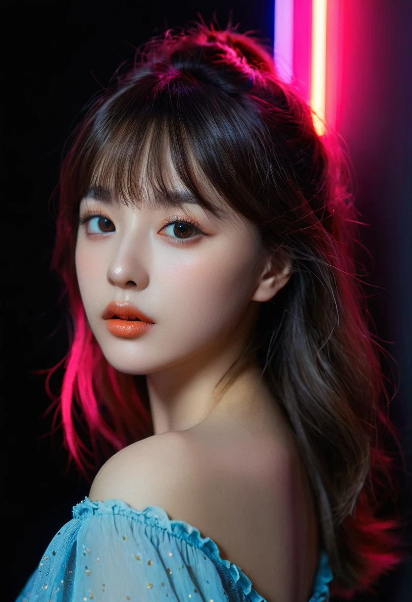 8k, best quality, 1 Girl, (Skin Indentation), night, (dark), Indoor clear background, (people), Beautiful bangs, Gorgeous,, (Clothing and:1.3),Soft lighting, attractive, dark Room, (mouth close:1.2, beautiful eyes, Delicate eyes, Detailed iris, Beautiful lips, Beautiful nose, Pretty Face),(primary color:1.5)，(Ambient Light:1.5)，(Neon light:1.8)
