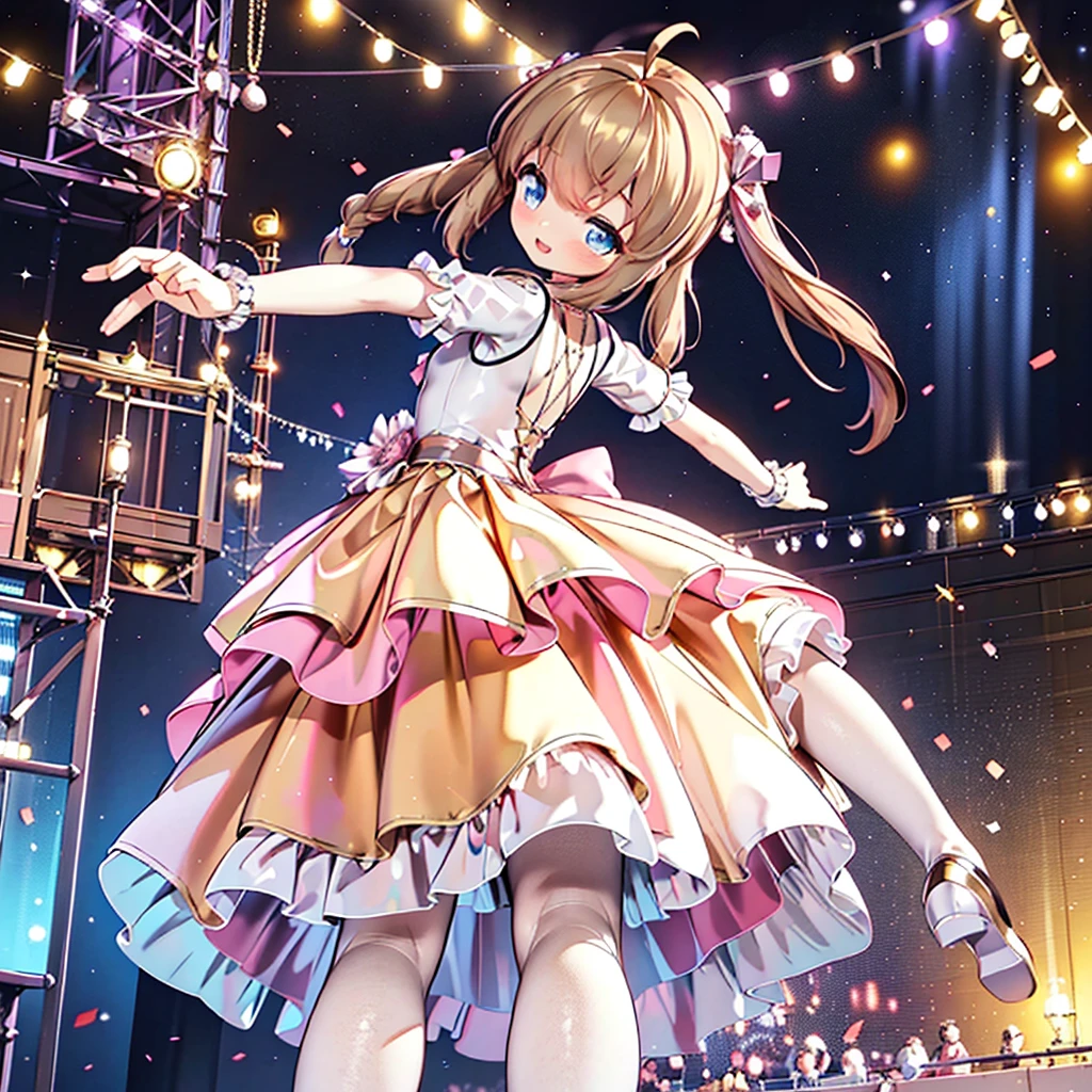 Solo girl, comical, kawaii, Blue eyes, light brown hair, back high twintails, front braids, yellow princess dress, yellow dress, open mouth smile, front view, dance at the stage, neon and led lights, posing, sexy, high-resolution image, masterpiece, high quality, attractive eyes