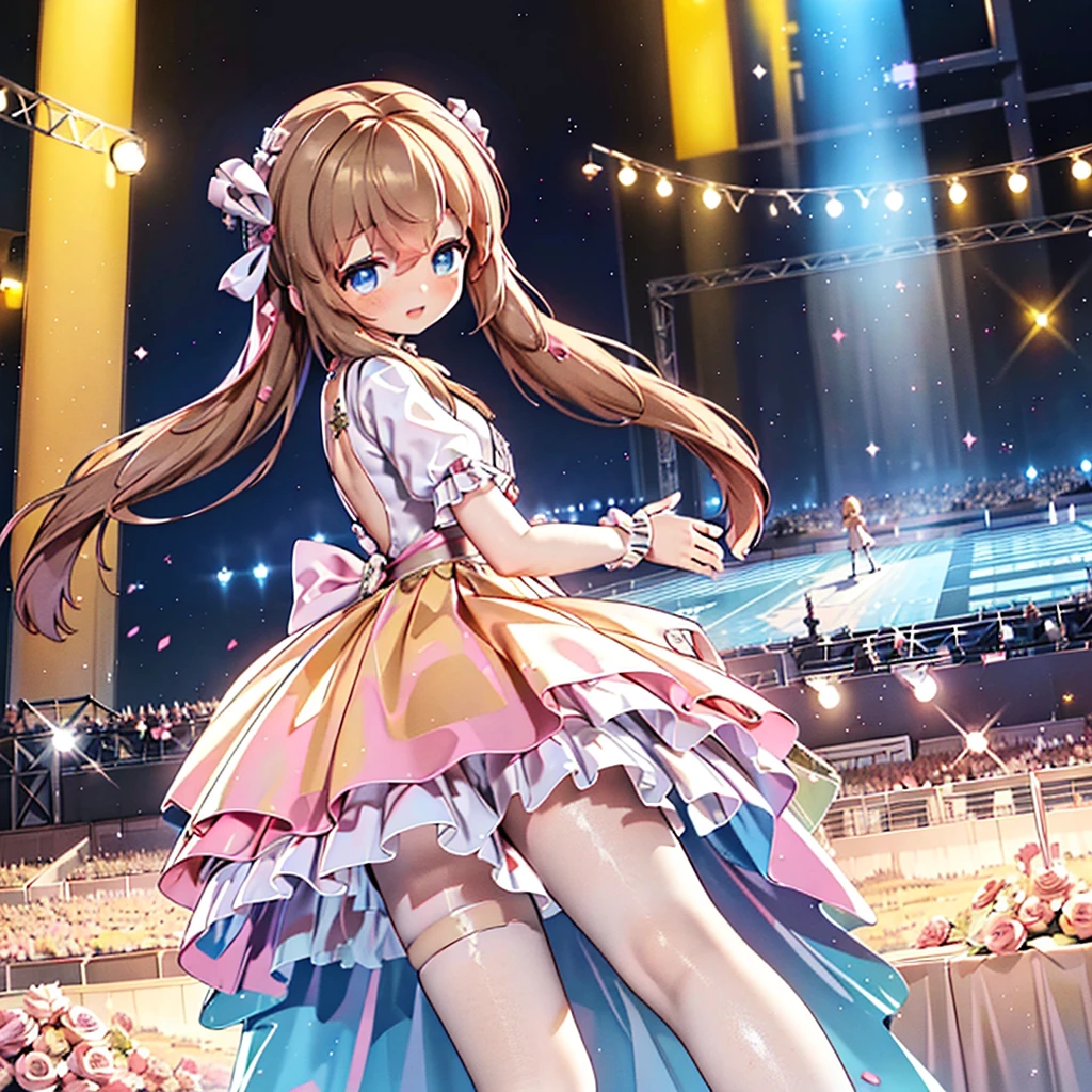 Solo girl, comical, kawaii, Blue eyes, light brown hair, back high twintails, front braids, yellow princess dress, yellow dress, open mouth smile, front view, dance at the stage, neon and led lights, posing, sexy, high-resolution image, masterpiece, high quality, attractive eyes
