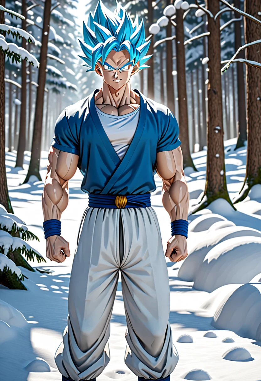 1 man, matured, slim but muscular, handsome, perfect white skin, tall, Saiyan like hair, silver blue ombre hair, Saiyan hairstyle, blue eyes, blue jacket, white t-shirt, white martial art pants, blue belt, snowy forest, looking at viewer, relaxed grin, 8k, masterpiece, ray tracing, (SuperQuality:1.0) ~ (SuperQuality:1.2), (negative_v2 Color_Balance_Calibration:0.8)