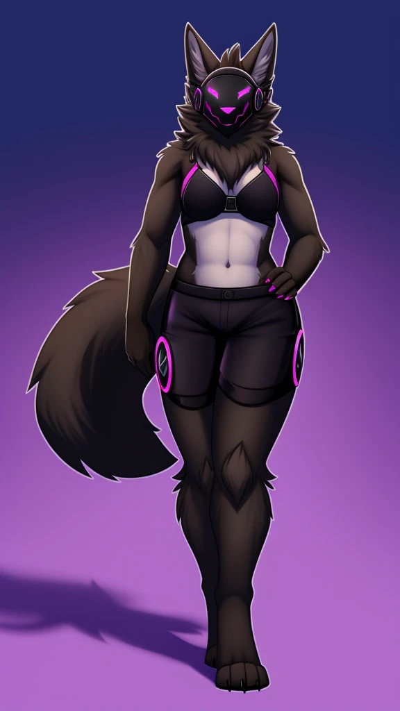 Furry wolf protogen female anthropomorphic mediumbreast size wearing a black bra and black shorts long wolf tail full body 