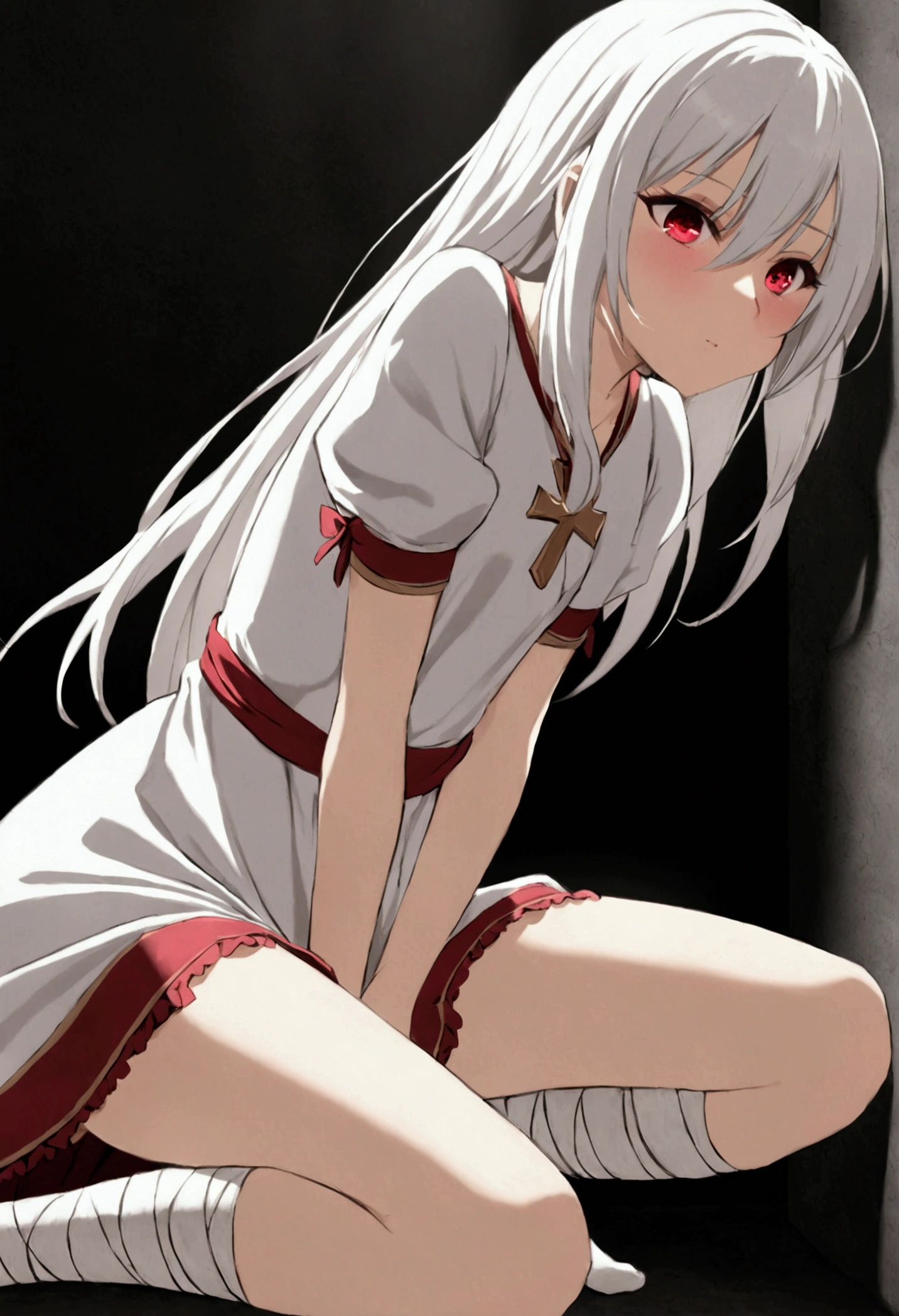 A girl with white hair reaching below her thighs, her bright and vivid ruby-colored faith eyes, her skin pale and soft, innocent and pure, She only wears a white short-sleeved dress that reaches to her knees and her legs and arms are covered by bandages.