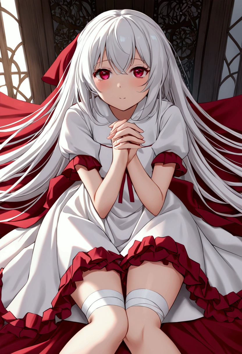 A girl with white hair reaching below her thighs, her bright and vivid ruby-colored faith eyes, her skin pale and soft, innocent and pure, She only wears a white short-sleeved dress that reaches to her knees and her legs and arms are covered by bandages.