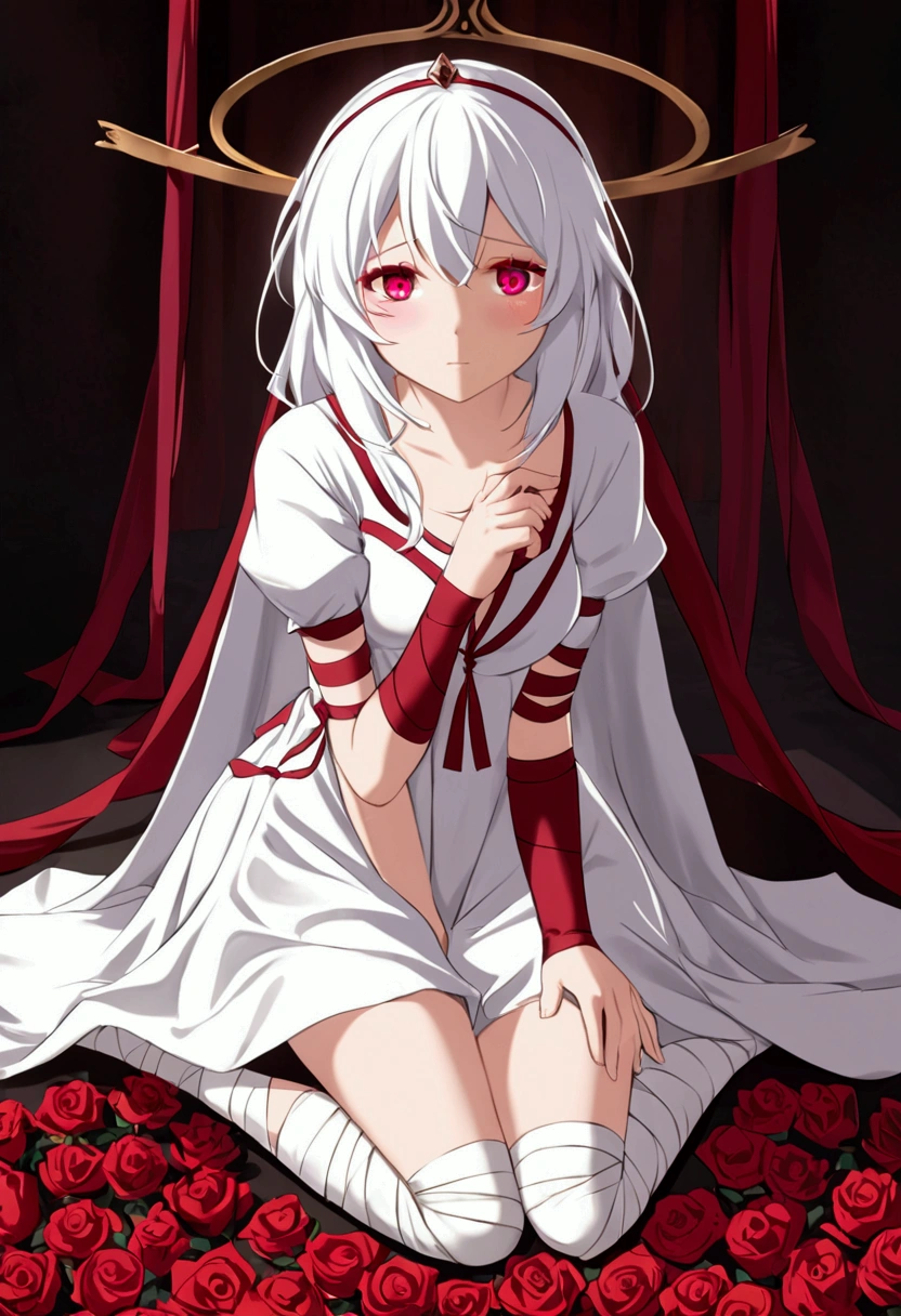A girl with white hair reaching below her thighs, her bright and vivid ruby-colored faith eyes, her skin pale and soft, innocent and pure, She only wears a white short-sleeved dress that reaches to her knees and her legs and arms are covered by bandages. 
