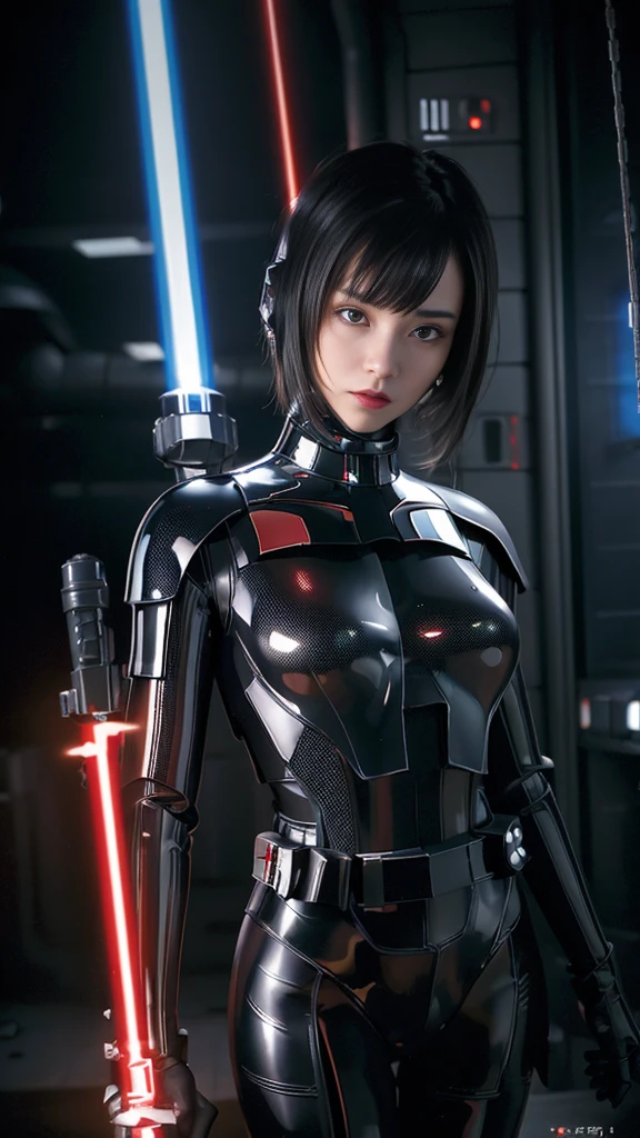 (Best Quality:1.4),One girl,Short hair,20 years old,Alone,Split,Gantz Shimodaira Rei,Turtleneck,Pixelated background,Neon lights,Sci-fi Warm plot,Vivid colors,Bright lights,Dynamic lights,Metallic texture,Detailed shading,Holographic interface,Dark atmosphere,High contrast,Sharp focus,Twigs of hair,Reflective surfaces,Elaborate details,High resolution,Dramatic lighting,Studio lighting,Red accents,Illuminated surroundings,Artificial intelligence assistant, (Small breasts:1.4),Nipples showing,(Lightsaber swing:1.3)