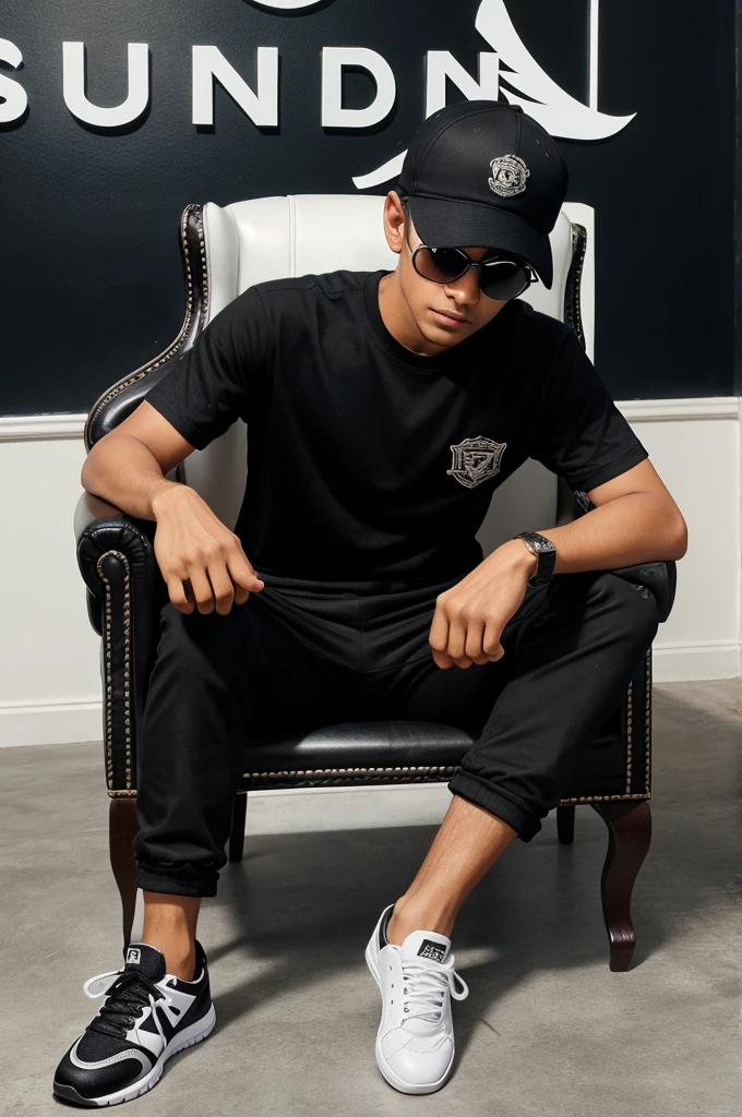 Create a 3D illusion picture where a boy in a black shirt sits caually on a Wingback chair.Wearing sneakers, a black cricket cap,and sunglasses, he looks ahead. The background features" Montu" in big and capital white fonts on the black wall. There should not be his shadow and there are wings to make it appear as if he is an angle.