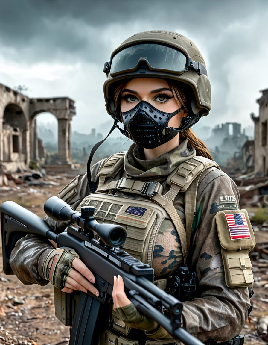 Young and very beautiful female sniper, aiming the muzzle of her sniper rifle at the viewer, detailed ideal proportions, shapely large breasts, detailed face, beautiful eyes, long eyelashes, serious expression, tactical helmet, camouflage latex suit, tactical equipment, sniper rifle, war-torn landscape, cloudy, foggy, ruins, wreckage, cinematic lighting, grainy, gloomy, dark, muted colors, realistic, 8k, high resolution, detailed description, masterpiece