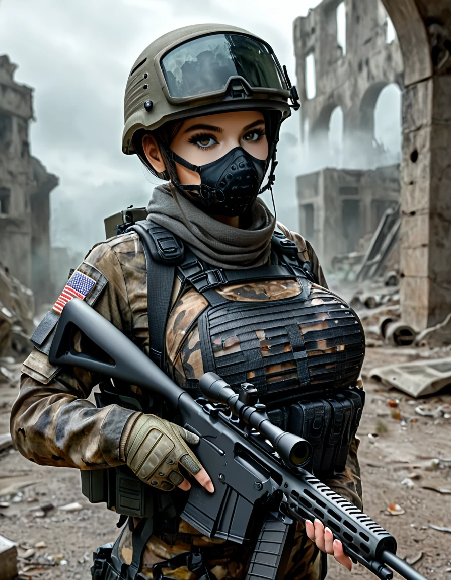 Young and very beautiful female sniper, aiming the muzzle of her sniper rifle at the viewer, detailed ideal proportions, shapely large breasts, detailed face, beautiful eyes, long eyelashes, serious expression, tactical helmet, camouflage latex suit, tactical equipment, sniper rifle, war-torn landscape, cloudy, foggy, ruins, wreckage, cinematic lighting, grainy, gloomy, dark, muted colors, realistic, 8k, high resolution, detailed description, masterpiece