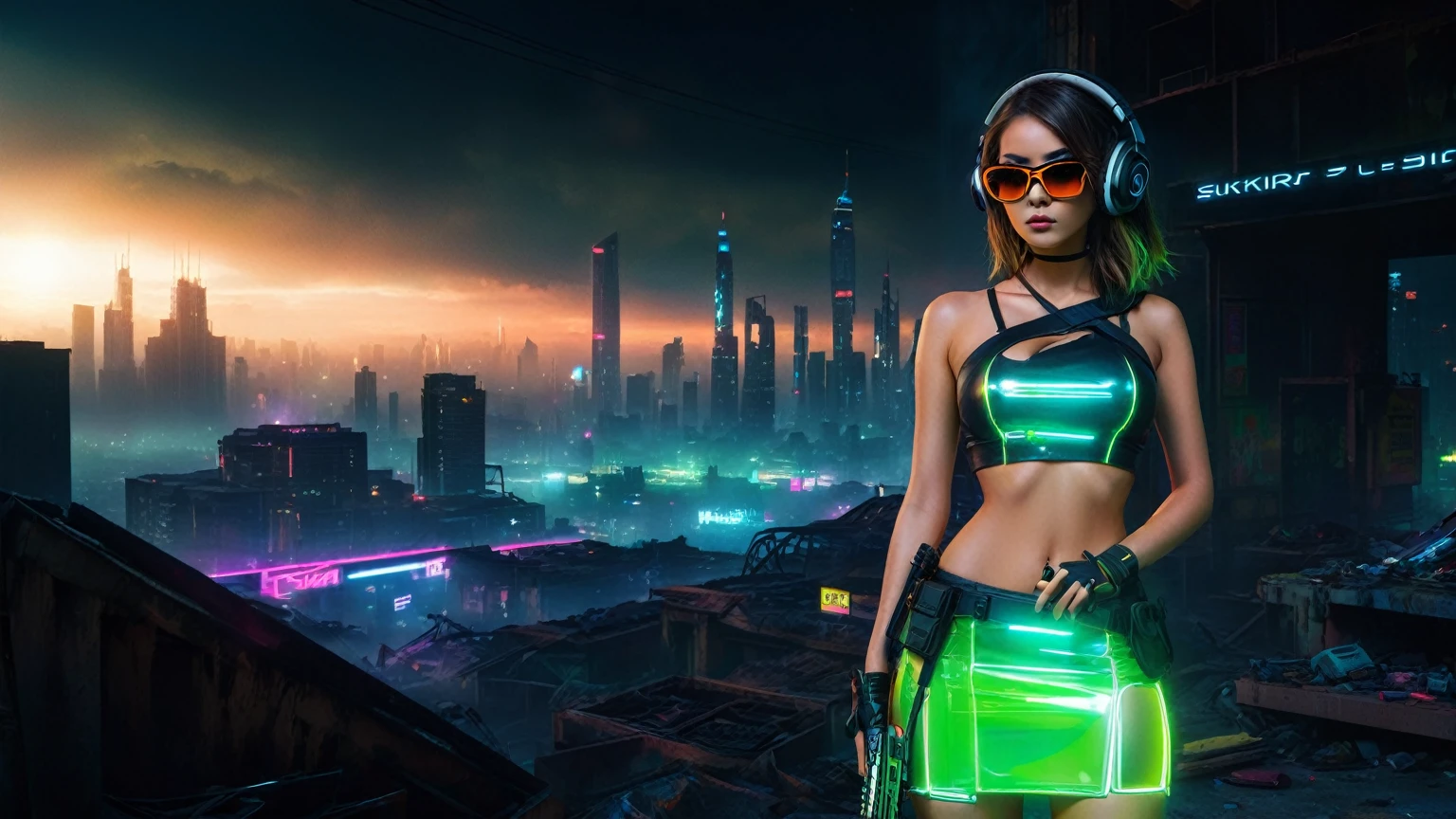 dark futuristic landscape, at night, neon lights, Atmospheric fog, large buildings in the background, futuristic city, streets with open shops, skyscraper (postapocalyptic city:1.3). (((1girl, solo, alone))), large-breast:1.2 slim body, cleavage:1.1, sexy miniskirt, (((headphone, black sunglasses, standing and holding pistol pose))), (((half-body thigh level medium shot))), cinematic lighting, lens flare, ray tracing.
