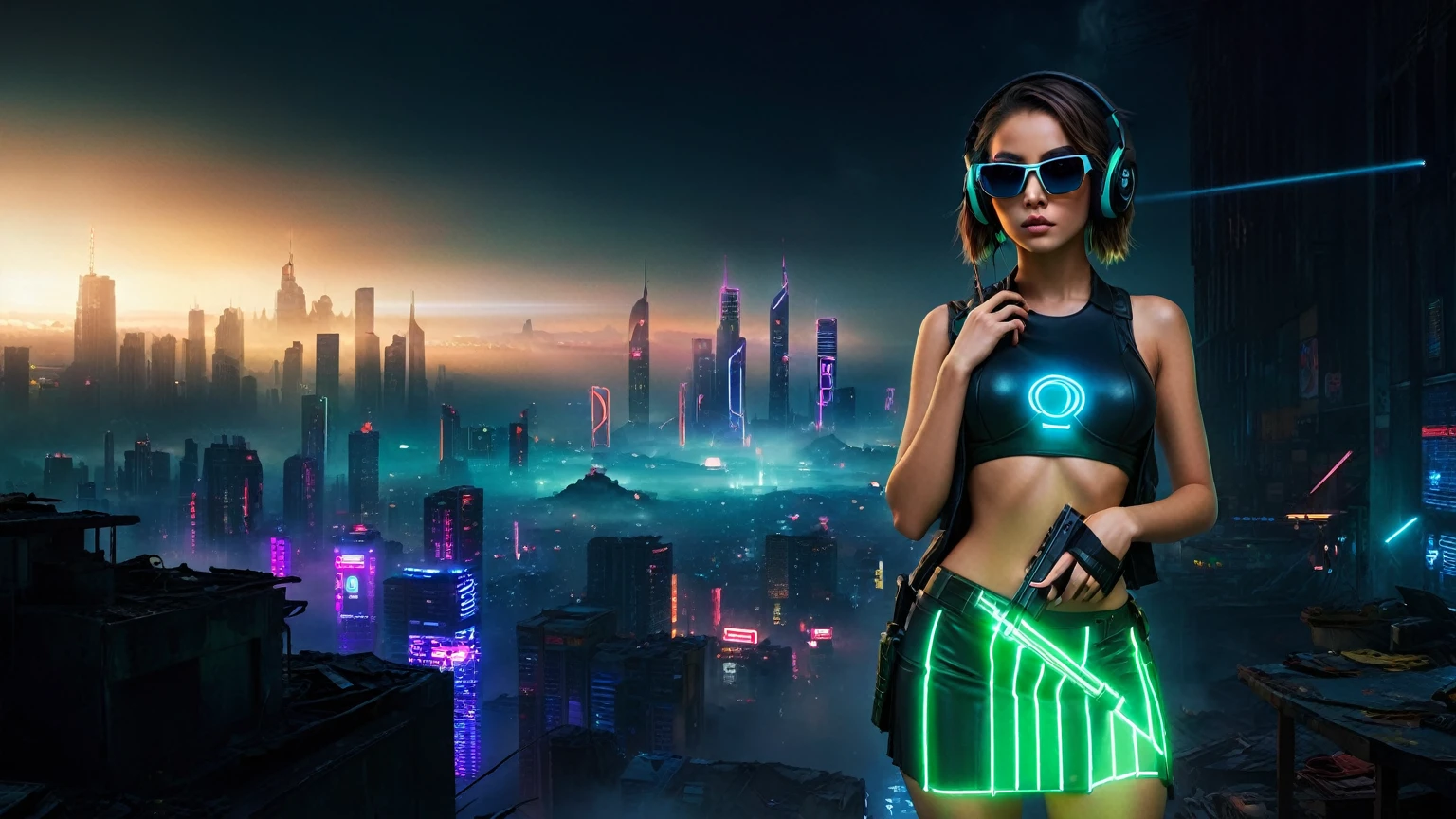 dark futuristic landscape, at night, neon lights, Atmospheric fog, large buildings in the background, futuristic city, streets with open shops, skyscraper (postapocalyptic city:1.3). (((1girl, solo, alone))), large-breast:1.2 slim body, cleavage:1.1, sexy miniskirt, (((headphone, black sunglasses, standing and holding pistol pose))), (((half-body thigh level medium shot))), cinematic lighting, lens flare, ray tracing.