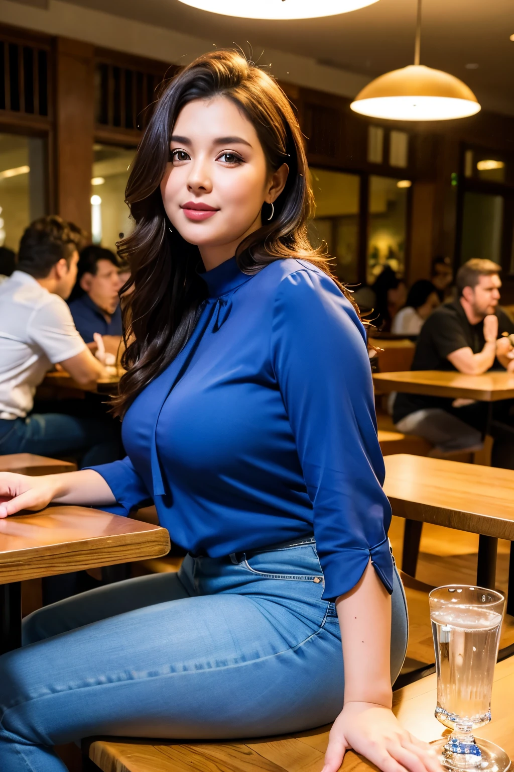 ((best quality)), ((masterpiece)), (detailed), beautiful 35yo women(curvy body), wearing blue blouse and jeans, sitting in the cafe at nights(many people around), high quality, 4k
