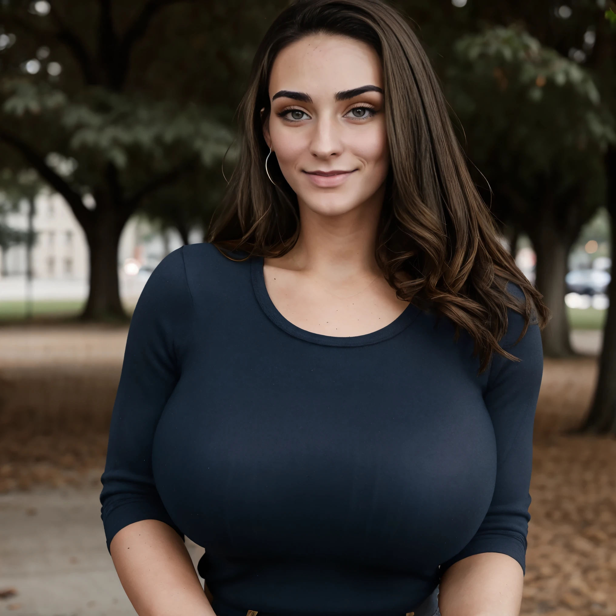 Extremely busty thin and toned brunette photographer, college girl, fair skin, swept-back hair, soft face, athletic, tight long-sleeve low-cut dark blue top, tight beige pants. standing outdoors, city park, trees, cleavage 