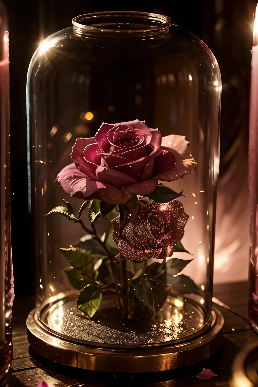 enchanted pink rose from 'Beauty and the beast' story, covered under a glass jar, with the withering and glittering petals inside the jar