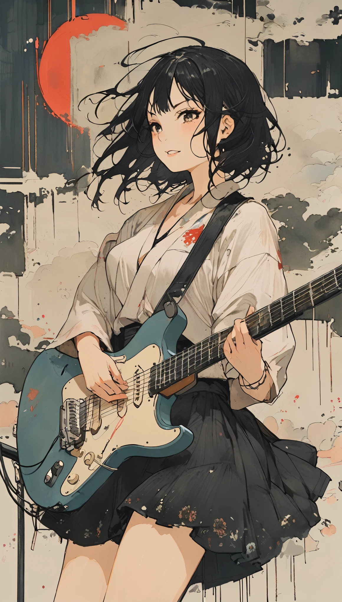 The Style of Kawanabe Kyosai、Black Hair、Hime cut、22 years old、woman、Playing electric guitar