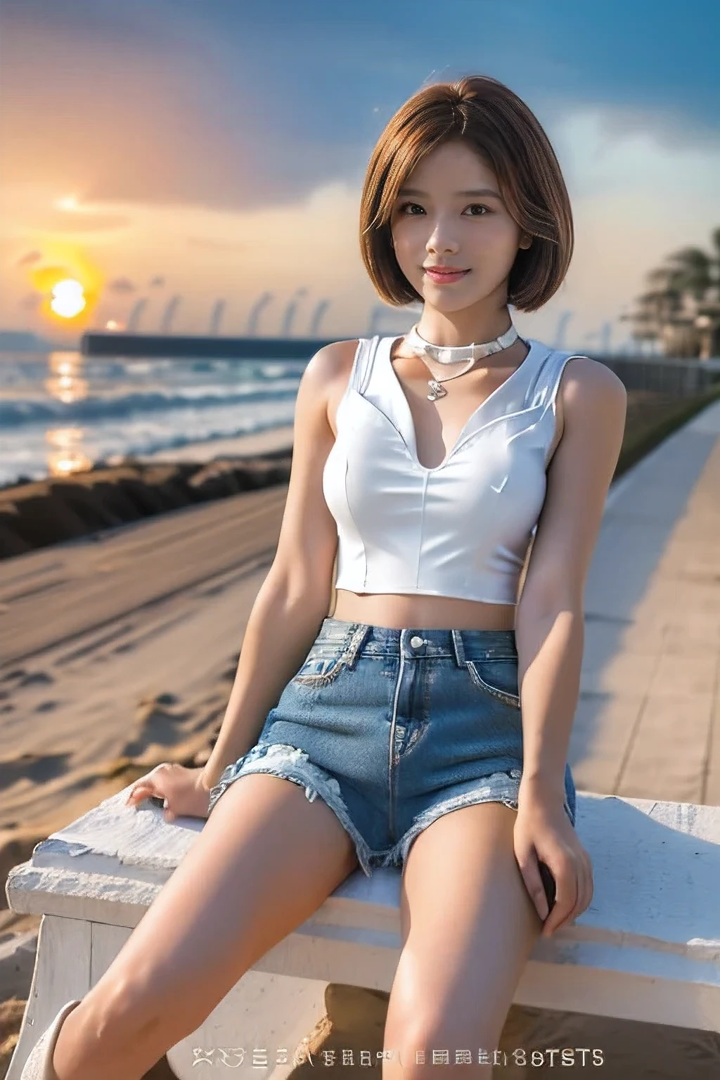 (Sitting on the beach watching the sunset:1.5)、(A kind smile:1.5)、(18-year-old female:1.5)、(The best quality at its best:1.4), (Super detailed), (Very detailed CG unified 16k), Beautiful woman with perfect figure: 1.4, Sharp focus: 1.2, Very detailed, High-quality RAW color photos, Professional photography, Great face and eyes, cosmetics, (Amazingly beautiful girl), ((Denim shorts and a white tank top:1.5)), Realistic movie faces, Full body long view from head to toe, Realistic, ((Realistic natural orange red hairstyle)), ( Short Bob Hair:1.5), (necklace:1.5)、, Very beautiful face, Perfect model beauty, Mouth swelling, Highly detailed face and skin texture, Fine grain, double eyelid, Medium chest, (masterpiece), Highest quality, High resolution, Very detailed, Blurred Background, Depth of written boundary, Cinema Lighting, Great legs, , Clear, well-maintained skin,((Full body shot from head to toe:1.5))