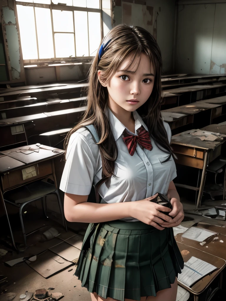 (SONY_α1.SEL50F12GM.Combined shooting), (One Girl), alone, Ultra high definition, Great face and eyes, Serious face, (school uniform, Pleated skirt,:1.3), (Highest quality:1.4), Very detailed, 8k Raw Photo:1.5, Very detailed, High resolution raw color photos, Professional photography, Realistic portraits, (Abandoned school classroom:1.5), A scene from a movie,