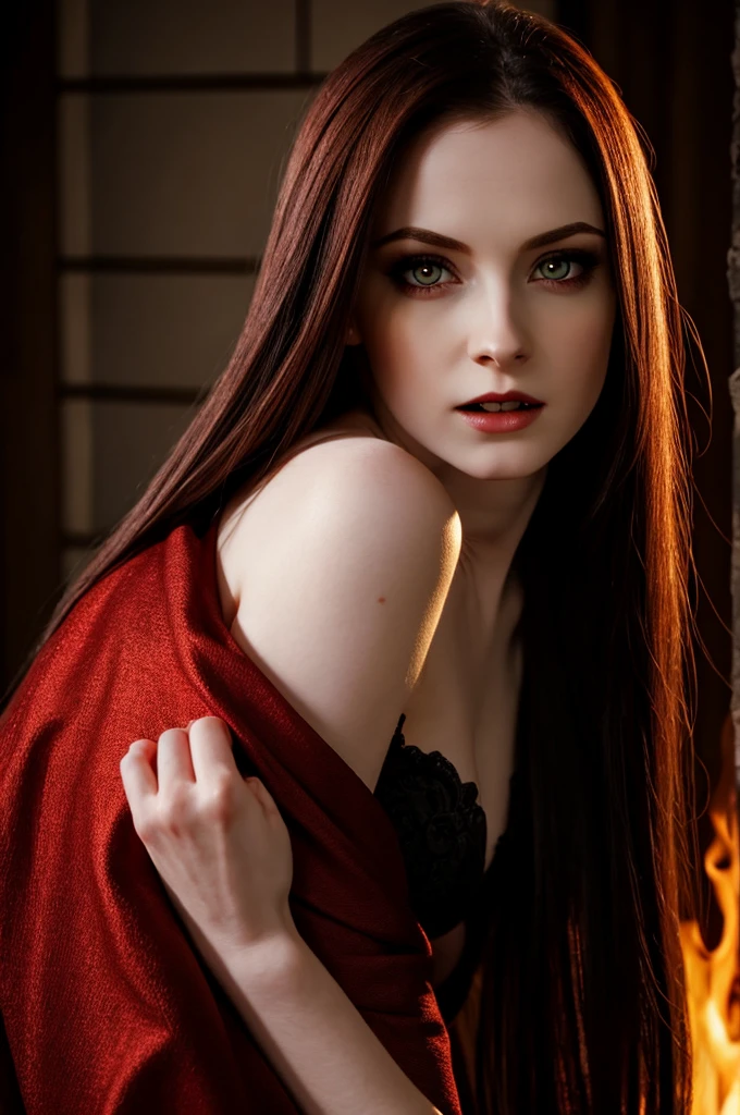 sarah: female, beautiful vampire, pale skin, fire eyes, biting the neck of a man