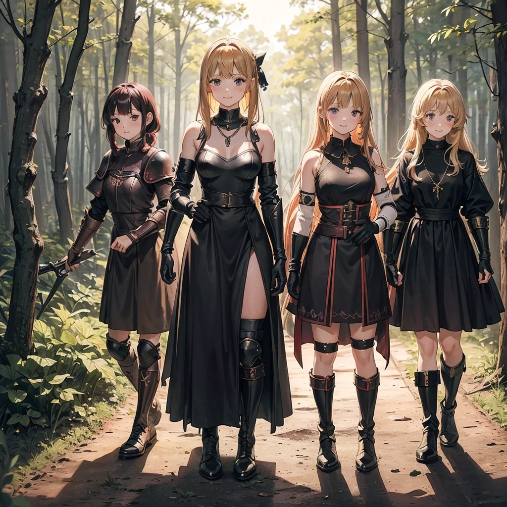 a group of beautiful witch girls in the middle of a forest in the night, tribal tattoo ,multiple girls, five girls, light armor ,elbow pads, knee pads, red and blonde hair , standing girl young girl, gloves, elbow pads, boots, smiles, small breasts, long black dress, necklaces, full body,