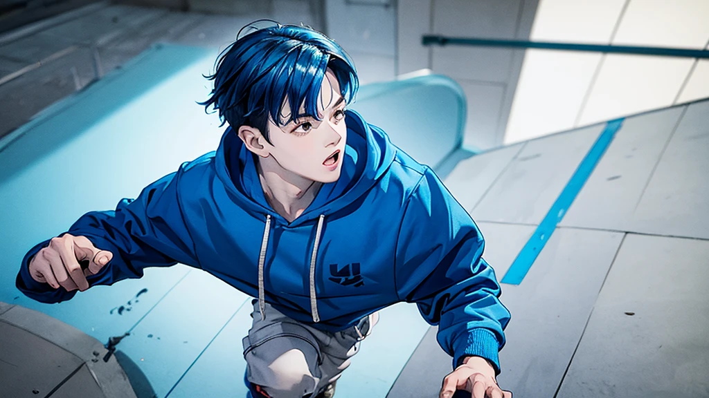 1 boy, blue hair, wearing a blue hoodie, running scared, high quality, 8k