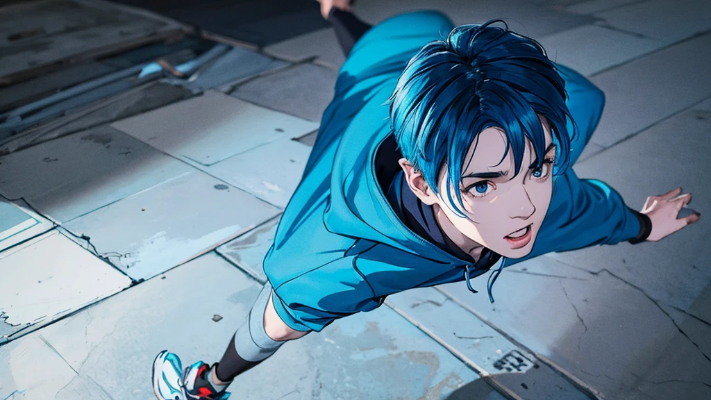 1 boy, blue hair, wearing a blue hoodie, running scared, high quality, 8k