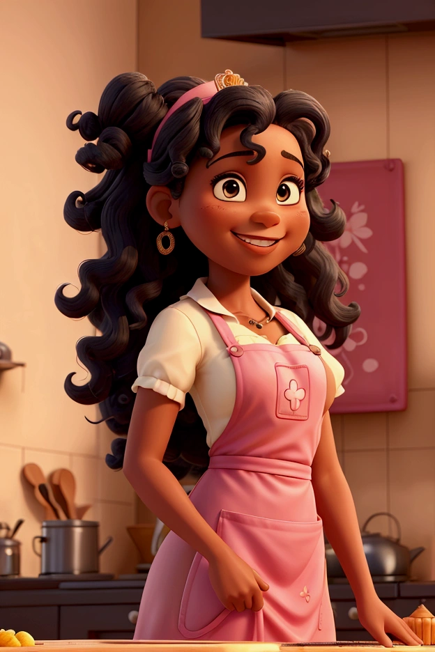 ((best qualityer)), ((work of art)), (detailded). black baker with curly and voluminous hair, inspired by the princess Tiana style with a pink apron. She should be in a vibrant and welcoming kitchen, surrounded by cakes, colorful sweets and ingredients. The focus should be on your confident smile and elegant pink apron, as she poses for the photo. The atmosphere must convey joy and creativity.


