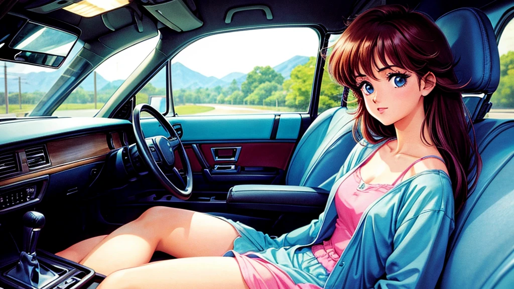 One pretty woman、sitting in the passenger seat of a car、80Retro anime style of the 1980s、Vivid colors、Image of a woman from inside a car、Looking out the window、