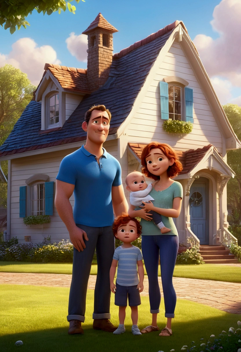 Pixar-style: Family, a white father, A mother and a baby boy and a . One is and the other is 2 years oldful and technological house.
