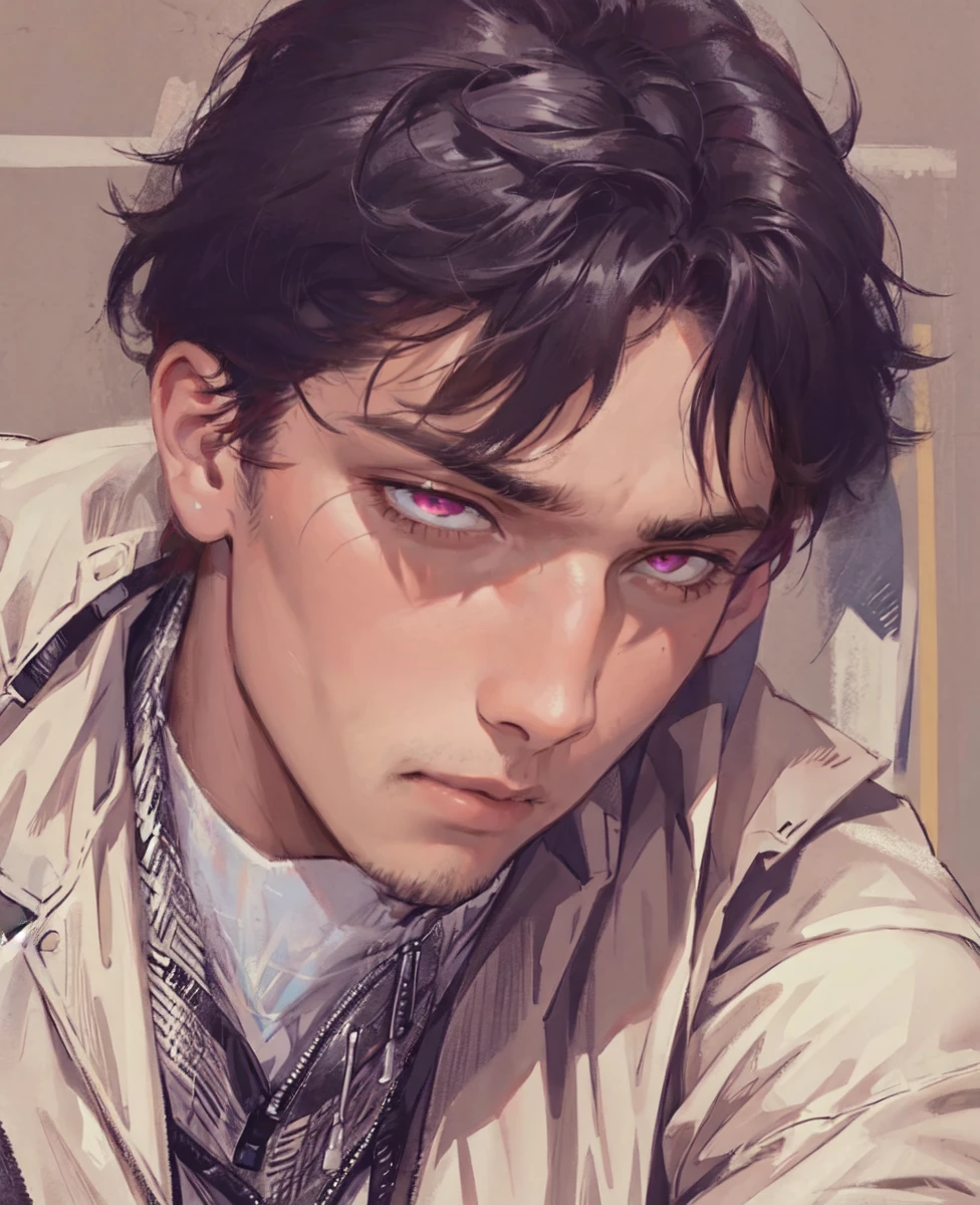 male,brow hair,pinkeyes