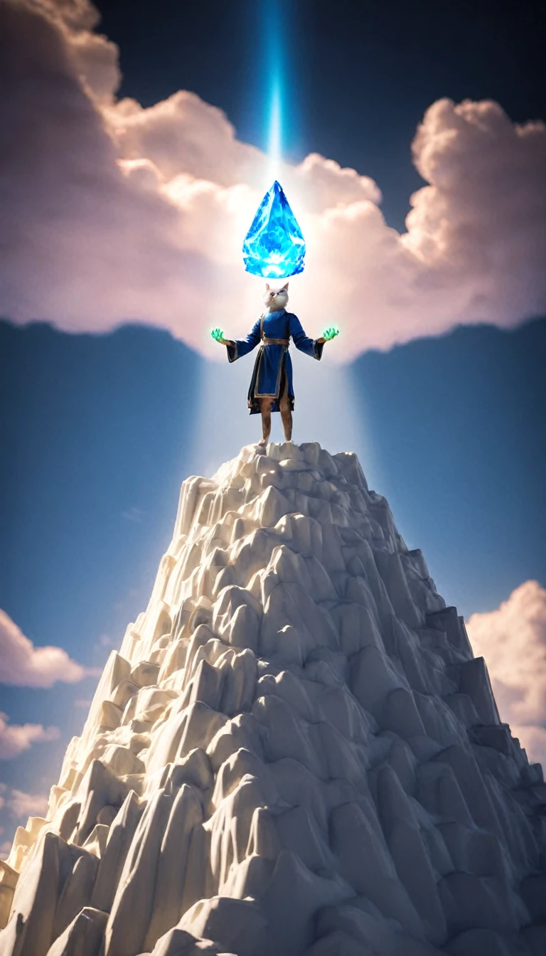 Milk, the white cat with blue eyes, is standing triumphantly on the peak of a mountain, holding a glowing, magical stone. The sky is clear and blue, with clouds below the peak, creating a sense of height and accomplishment. The scene is bright and uplifting, with the magical stone emitting a soft, powerful glow.