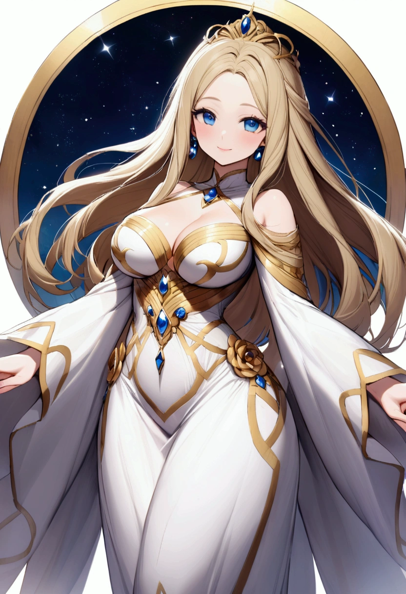 heavenly beautiful tall mom with long blonde hair, blue eyes, long white dress, cute smile