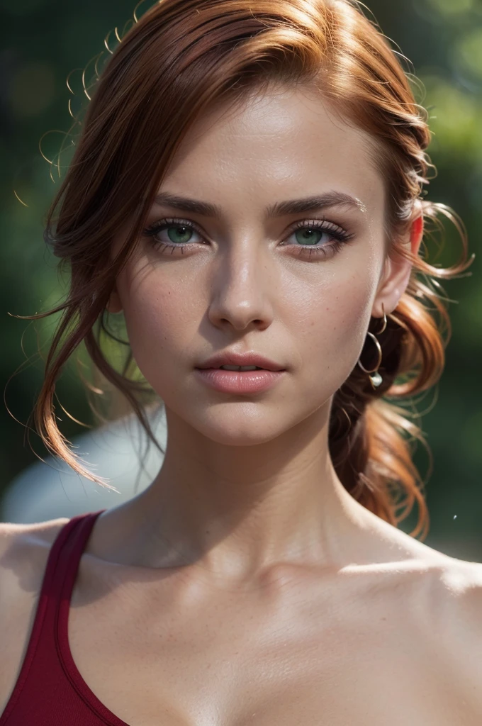 A beautiful woman in her 20s, with natural red hair in a short ponytail, expressive green eyes, checkered red shirt, studio lighting, detailed face, natural skin imperfections, cinematic lighting, delicate features, realistic skin imperfections, mesmerizing gaze, elegant pose, gray background, (best quality,4k,8k, high res,masterpiece:1.2), ultra-detailed,(realistic, photorealistic,photo-realistic:1.37), HDR, UHD, studio lighting,ultra-fine painting, sharp focus,physically-based rendering, extreme detail description, professional, vivid colors, bokeh, portrait, (close-up face portrait:1.2), looking at the viewer, (looking at the camera), professional photography