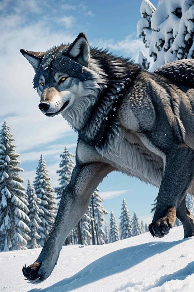 Draw the wolf Fenrir from Greek mythology in the snow
