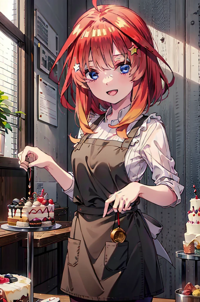 itsukinakano, Itsuki Nakano, bangs, blue eyes, Hair between the eyes, Ahoge, Redhead, star \(symbol\), hair ornaments,happy smile, smile, Open your mouth,cracker, star hair ornaments,Red Tank Top,Long skirt,Black pantyhose,apron,Walking,There is food and a birthday cake on the table,
break indoors, room,
break looking at viewer,Upper Body,
break (masterpiece:1.2), Highest quality, High resolution, unity 8k wallpaper, (figure:0.8), (Beautiful attention to detail:1.6), Highly detailed face, Perfect lighting, Highly detailed CG, (Perfect hands, Perfect Anatomy),