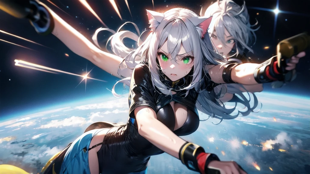 Silver-haired girl,Cat ear,The eyes are green,The hair is silver,Wearing long clothes: 紧身的黑色fighting服 拳头是残像 背景是夜晚的城市 她摆出猫一样的fighting姿势 年份是14年监视器, Night, Sweat, Exhale steam, space, fighting, Dynamic Angle A girl,Accurate picture ratio