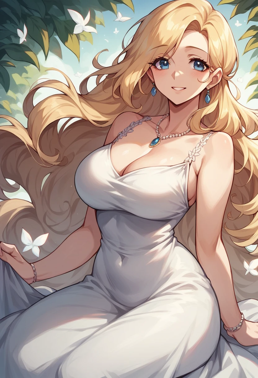 heavenly beautiful tall mom with long blonde hair, blue eyes, long white dress, cute smile