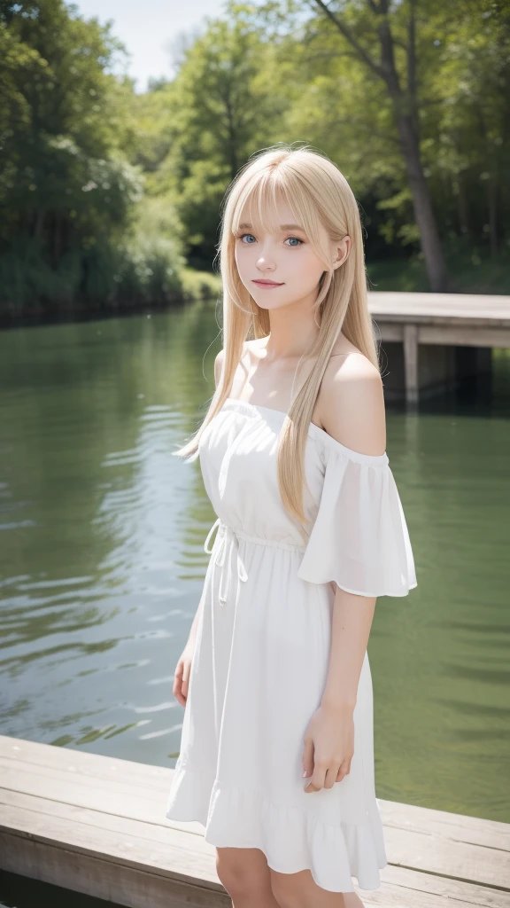 "A portrait of a young woman with long blonde hair and bangs, standing outdoors near a body of water on a sunny day. She has blue eyes and a gentle smile, wearing a white off-shoulder dress. The setting appears to be a wooden dock or platform by a lake or river. The overall aesthetic is soft, ethereal, and romantic, with natural lighting enhancing the serene
