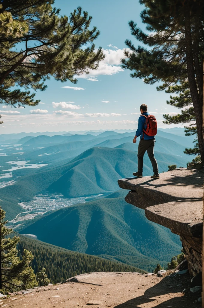 A person walking away from his phone that is on a table on top of a mountain 