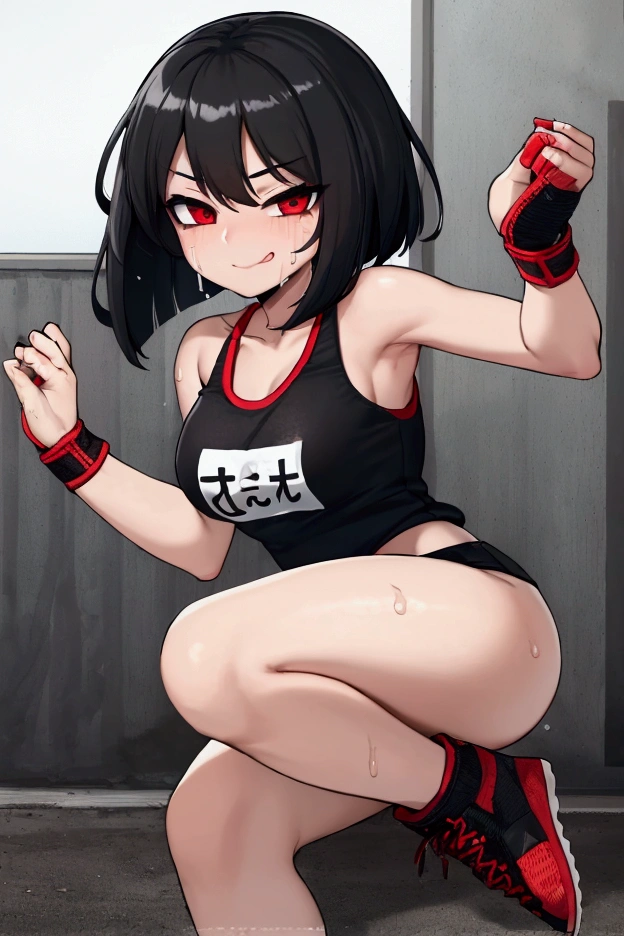 Girl, black hair, bob, red eyes, marathon runner, very sweating, black tank top with red lines, black shorts with red lines, marathon shoes , white race bib, close eyes, smile, mouth open, rising both hands, running, goal in