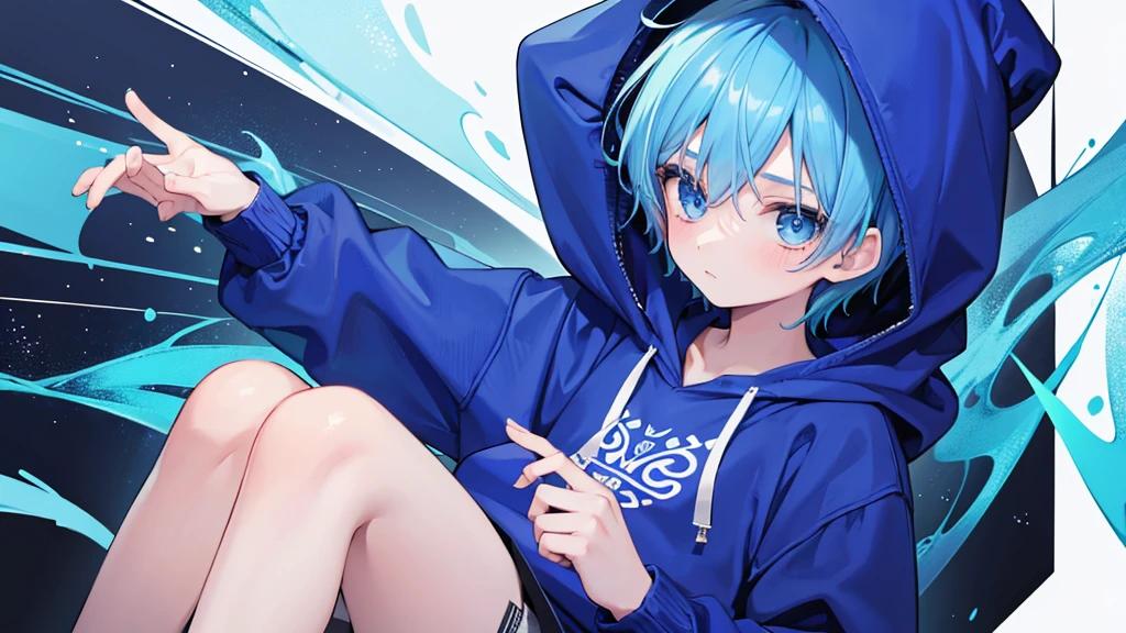 1 boy, blue hair, wearing a blue hoodie, scared, high quality, 8k
