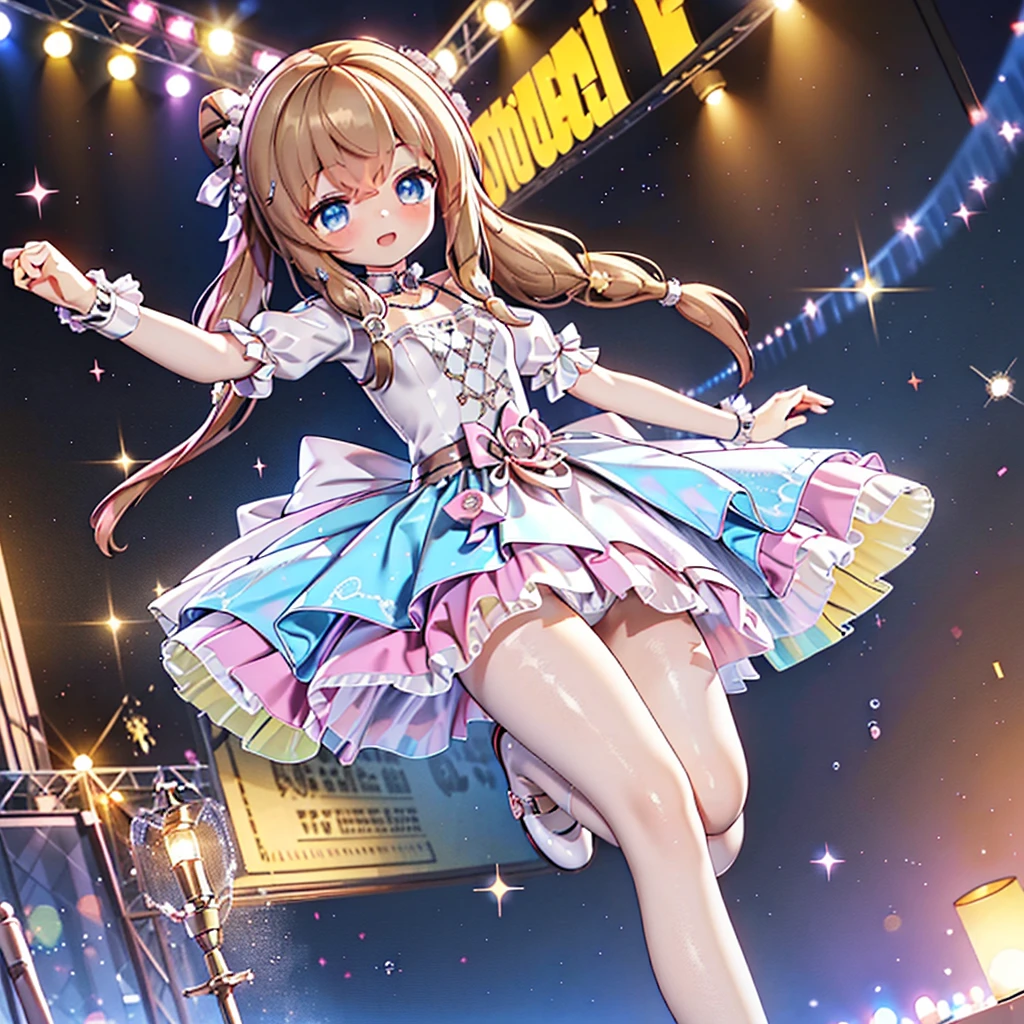 Solo girl, comical, kawaii, Blue eyes, light brown hair, back high twintails, front braids, yellow princess dress, yellow dress, open mouth smile, front view, dance at the stage, neon and led lights, posing, sexy, high-resolution image, masterpiece, high quality, attractive eyes, perfect leg, two legs 
